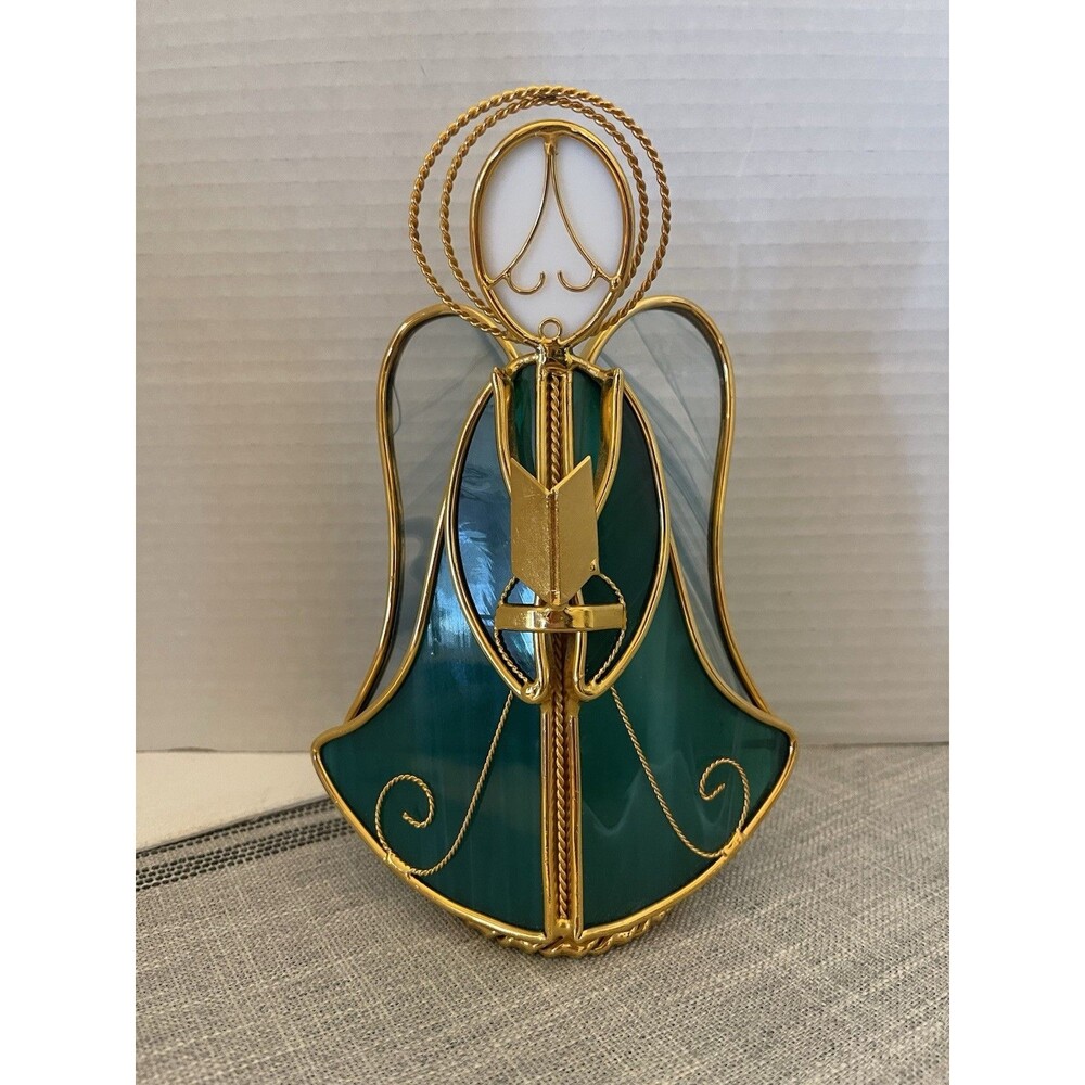 Angel With Hymnal Green White Stained Glass Excellent Condition 8" Votive Candle